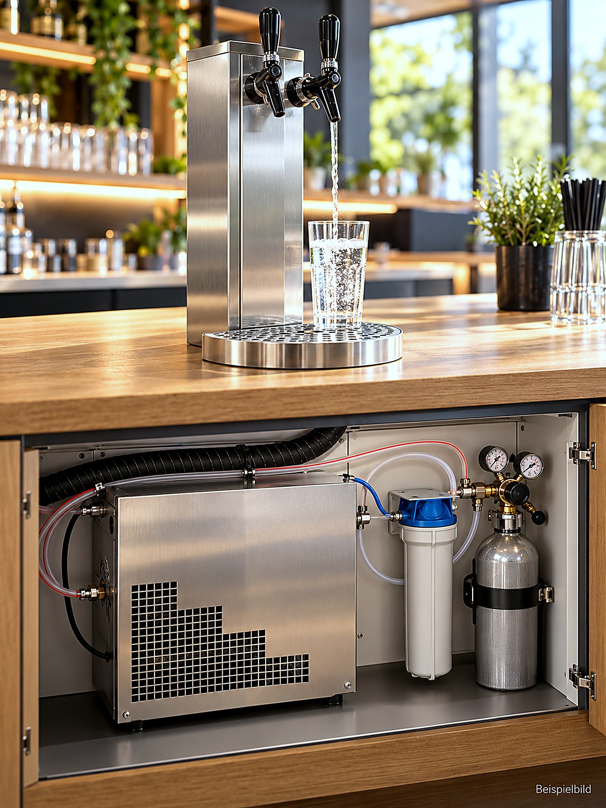 Wasserzapfstelle mit Technik im Unterschrank