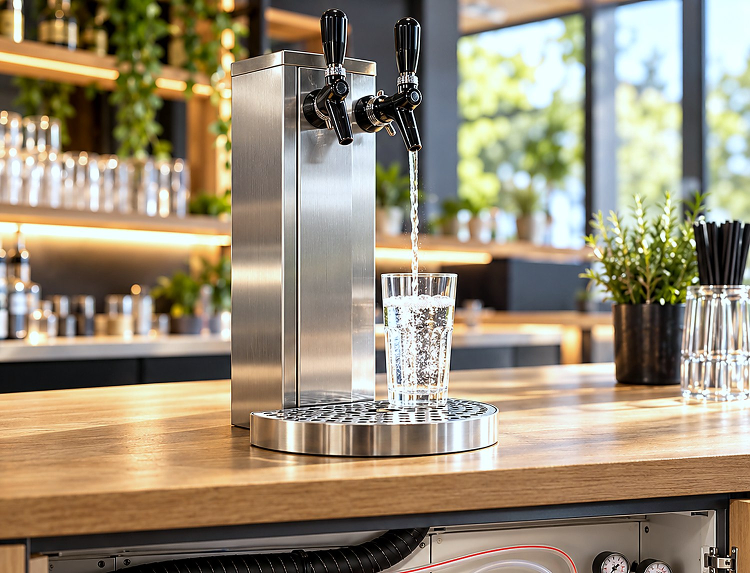 Zapfsäule für stilles und sprudelndes Wasser an der Theke, Technik im Unterschrank